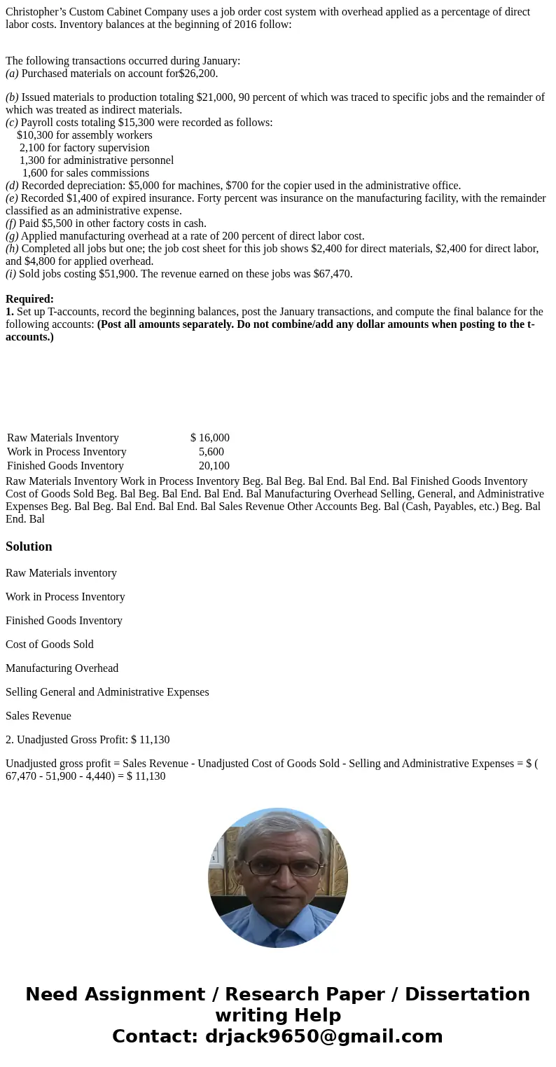 Christopher’s Custom Cabinet Company uses a job order cost system with overhead applied as a percentage of direct labor costs. Inventory balances at the beginni