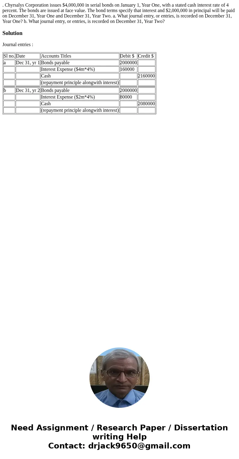 . Chyrsalys Corporation issues $4,000,000 in serial bonds on January 1, Year One, with a stated cash interest rate of 4 percent. The bonds are issued at face va . Chyrsalys Corporation issues $4,000,000 in serial bonds on January 1, Year One, with a stated cash interest rate of 4 percent. The bonds are issued at face va