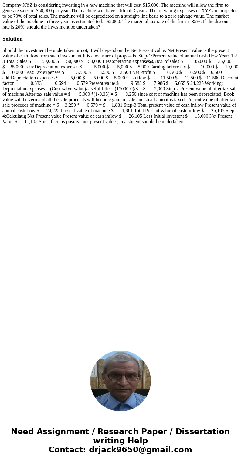Company XYZ is considering investing in a new machine that will cost $15,000. The machine will allow the firm to generate sales of $50,000 per year. The machine Company XYZ is considering investing in a new machine that will cost $15,000. The machine will allow the firm to generate sales of $50,000 per year. The machine