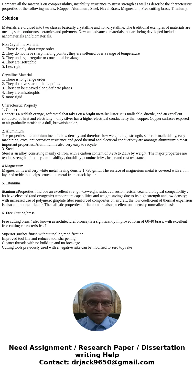 Compare all the materials on compressibility, instability, resistance to stress strength as well as describe the characteristic properties of the following met  Compare all the materials on compressibility, instability, resistance to stress strength as well as describe the characteristic properties of the following met