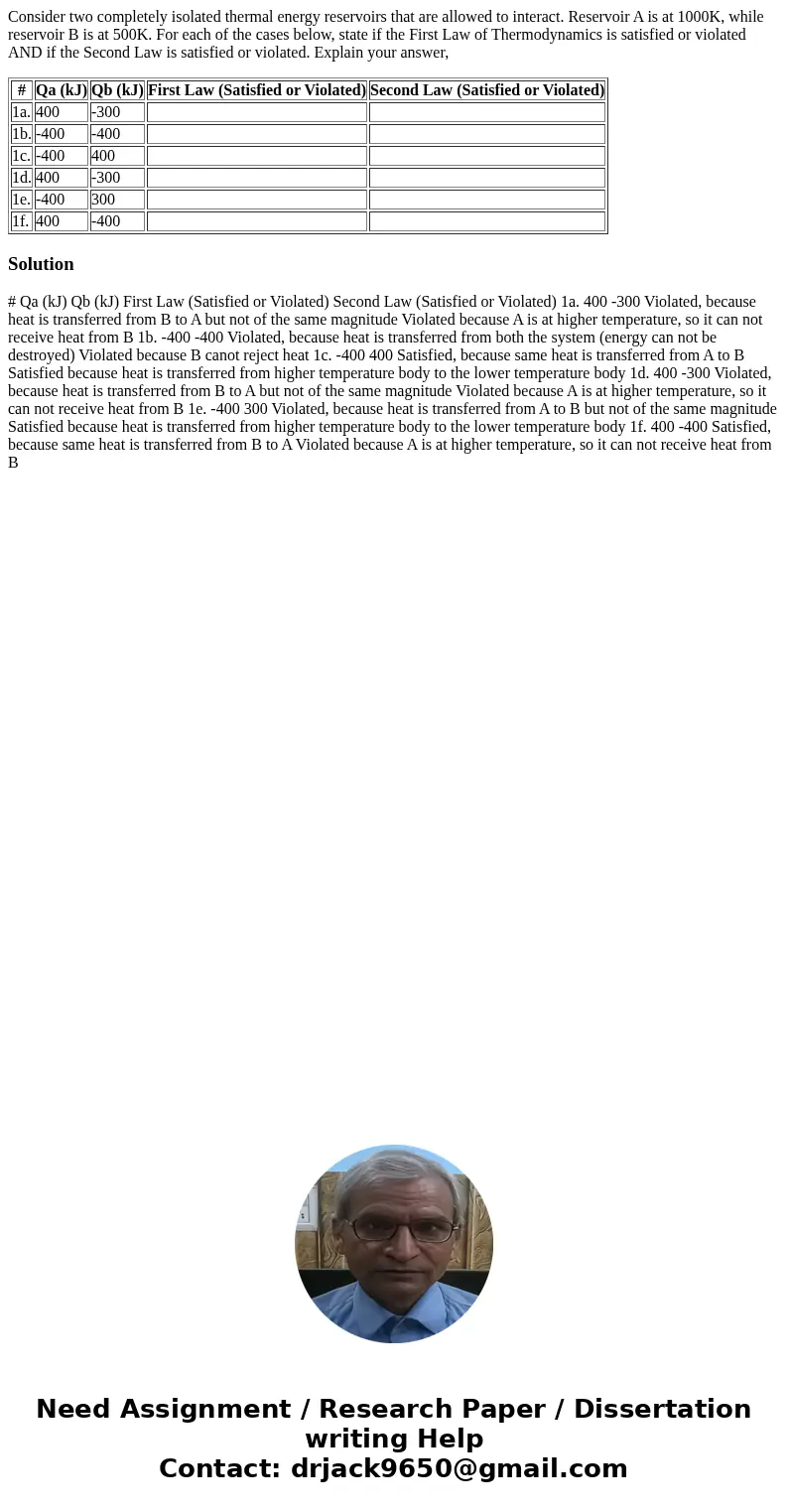 Consider two completely isolated thermal energy reservoirs that are allowed to interact. Reservoir A is at 1000K, while reservoir B is at 500K. For each of the  Consider two completely isolated thermal energy reservoirs that are allowed to interact. Reservoir A is at 1000K, while reservoir B is at 500K. For each of the