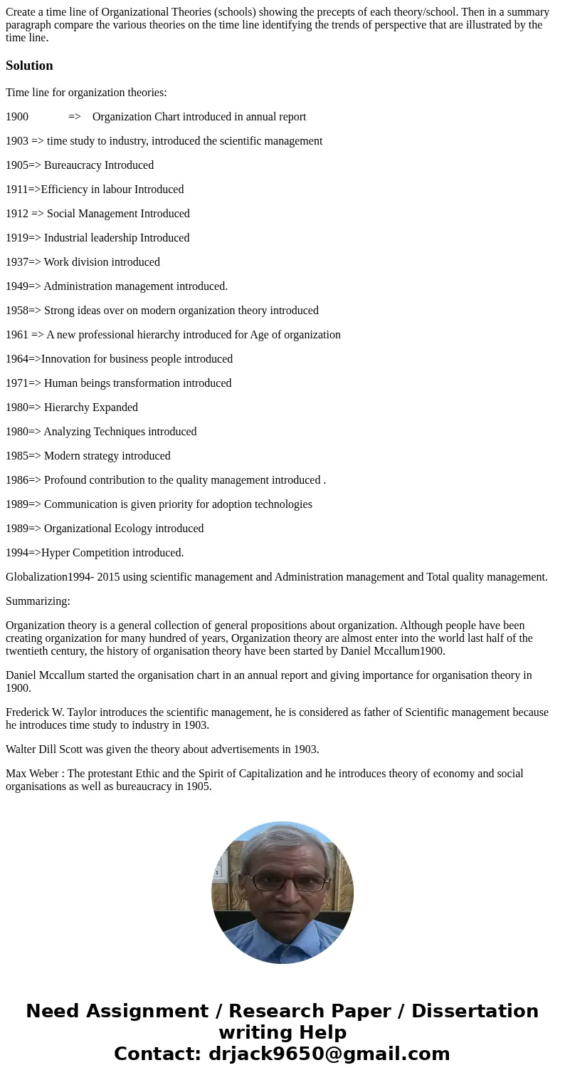 Create a time line of Organizational Theories (schools) showing the precepts of each theory/school. Then in a summary paragraph compare the various theories on  Create a time line of Organizational Theories (schools) showing the precepts of each theory/school. Then in a summary paragraph compare the various theories on