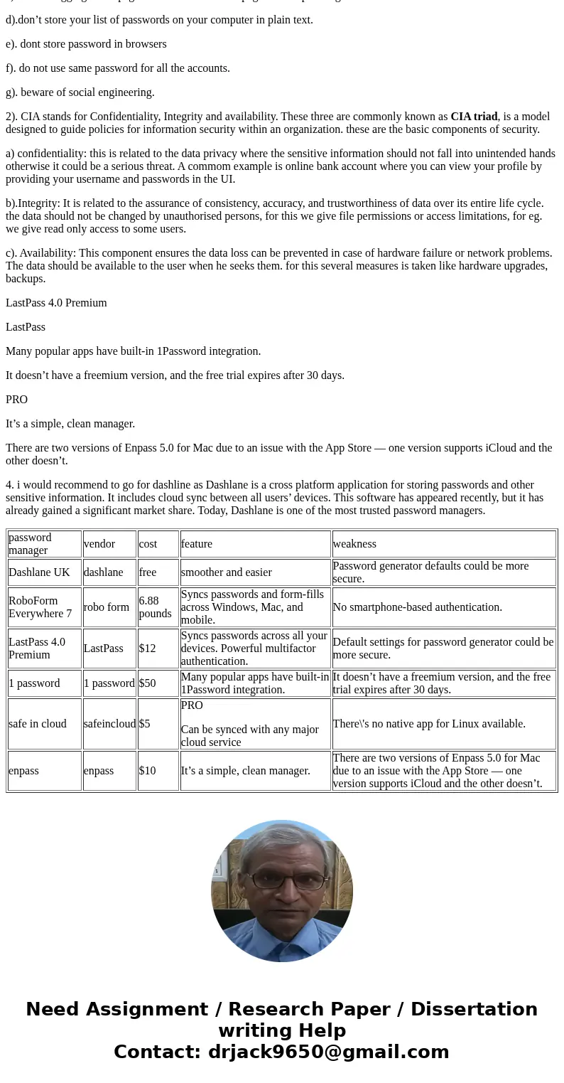 Define what a strong password could be and best practices for managing passwords. Define CIA and explain its value for each Identify 3 password management soft  Define what a strong password could be and best practices for managing passwords. Define CIA and explain its value for each Identify 3 password management soft