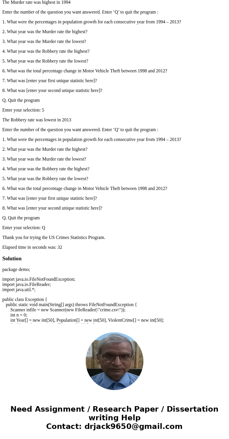 Design a Java application that will read a file containing data related to the US. Crime statistics from 1994-2013. The description of the file is shown below. 