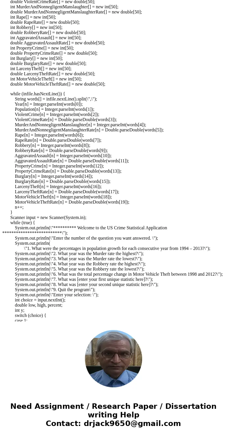 Design a Java application that will read a file containing data related to the US. Crime statistics from 1994-2013. The description of the file is shown below. 