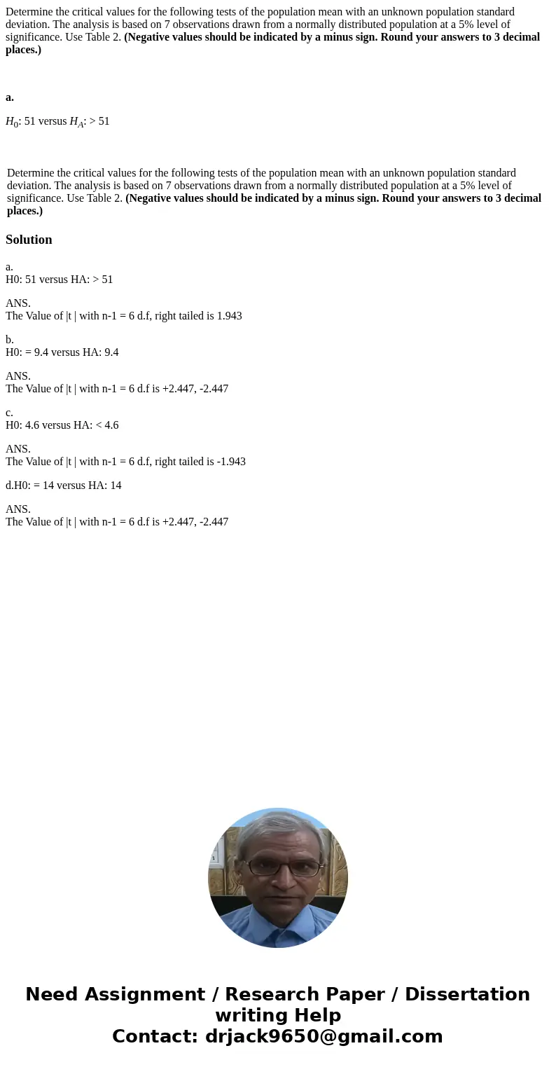 Determine the critical values for the following tests of the population mean with an unknown population standard deviation. The analysis is based on 7 observati Determine the critical values for the following tests of the population mean with an unknown population standard deviation. The analysis is based on 7 observati