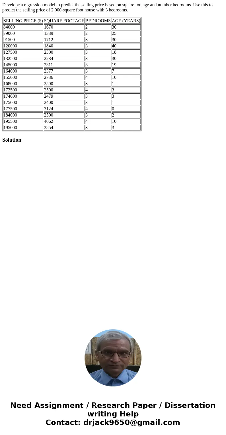 Develope a regression model to predict the selling price based on square footage and number bedrooms. Use this to predict the selling price of 2,000-square foot Develope a regression model to predict the selling price based on square footage and number bedrooms. Use this to predict the selling price of 2,000-square foot