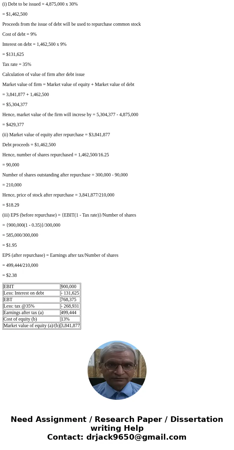 Dye Trucking has no debt outstanding, and its financial position is given by the following data:Assets (Market Value)$4,875,000EBIT$900,000Cost of equity12%Stoc