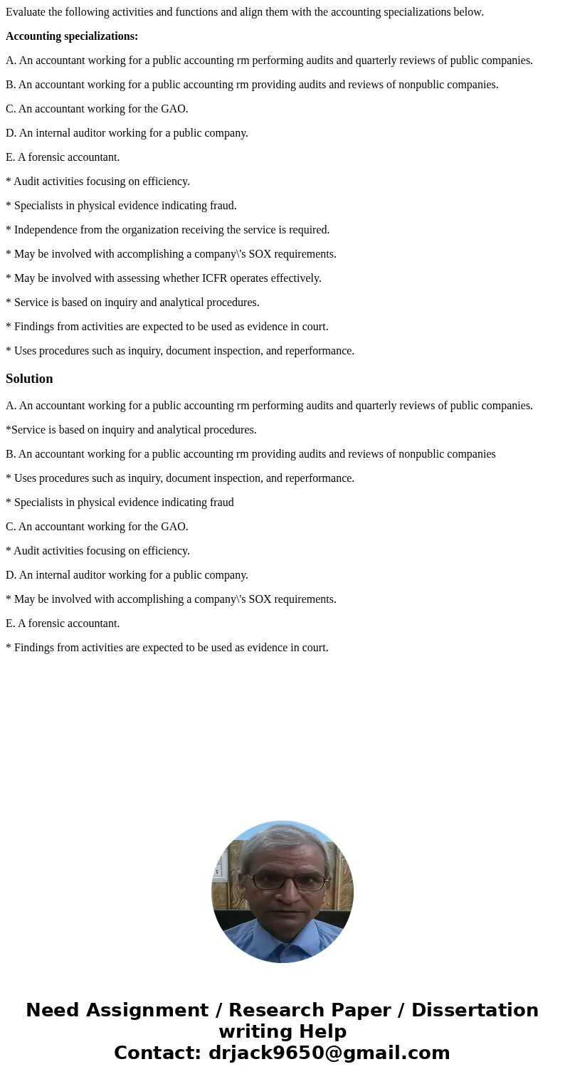 Evaluate the following activities and functions and align them with the accounting specializations below. Accounting specializations: A. An accountant working f