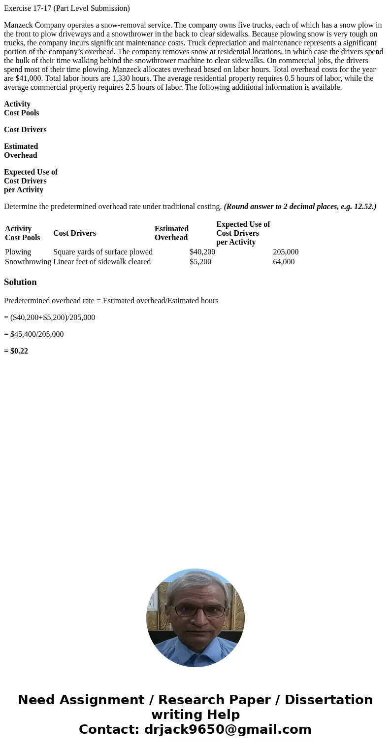 Exercise 17-17 (Part Level Submission) Manzeck Company operates a snow-removal service. The company owns five trucks, each of which has a snow plow in the front