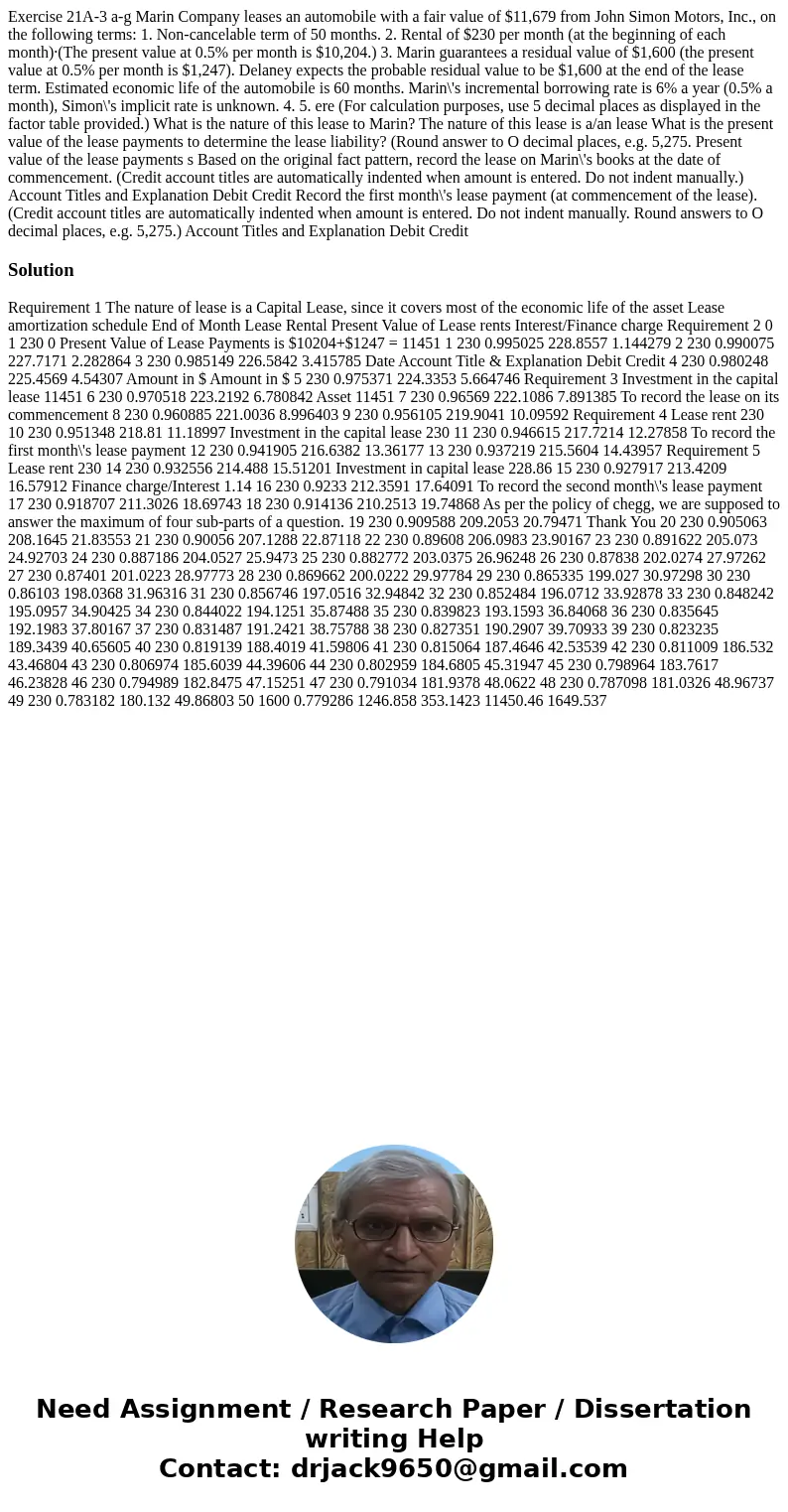 Exercise 21A-3 a-g Marin Company leases an automobile with a fair value of $11,679 from John Simon Motors, Inc., on the following terms: 1. Non-cancelable term  Exercise 21A-3 a-g Marin Company leases an automobile with a fair value of $11,679 from John Simon Motors, Inc., on the following terms: 1. Non-cancelable term