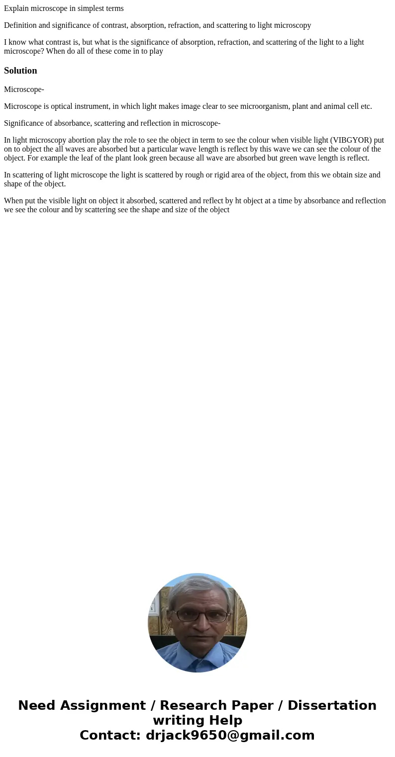 Explain microscope in simplest terms Definition and significance of contrast, absorption, refraction, and scattering to light microscopy I know what contrast is Explain microscope in simplest terms Definition and significance of contrast, absorption, refraction, and scattering to light microscopy I know what contrast is