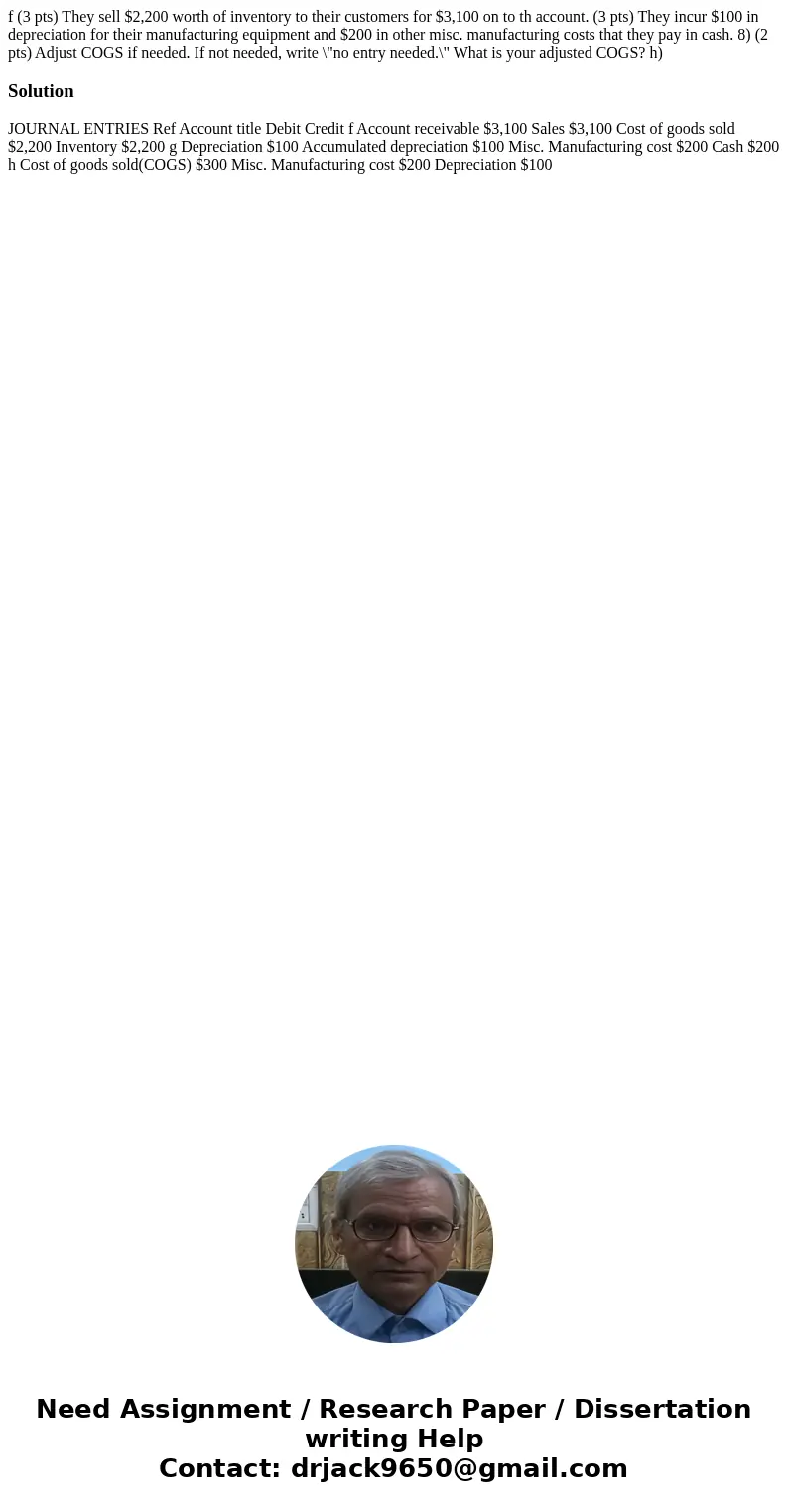 f (3 pts) They sell $2,200 worth of inventory to their customers for $3,100 on to th account. (3 pts) They incur $100 in depreciation for their manufacturing e  f (3 pts) They sell $2,200 worth of inventory to their customers for $3,100 on to th account. (3 pts) They incur $100 in depreciation for their manufacturing e