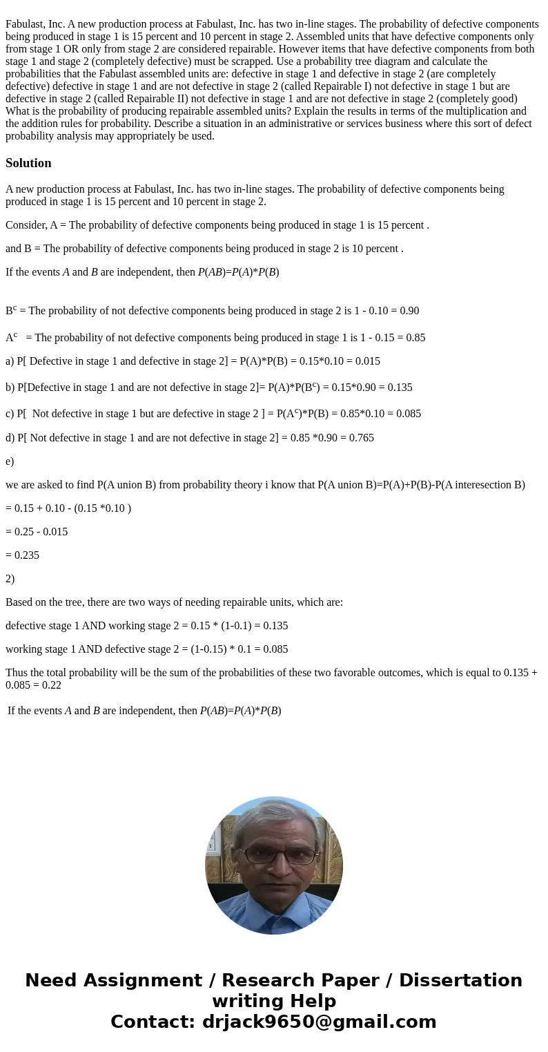 Fabulast, Inc. A new production process at Fabulast, Inc. has two in-line stages. The probability of defective components being produced in stage 1 is 15 perce  Fabulast, Inc. A new production process at Fabulast, Inc. has two in-line stages. The probability of defective components being produced in stage 1 is 15 perce