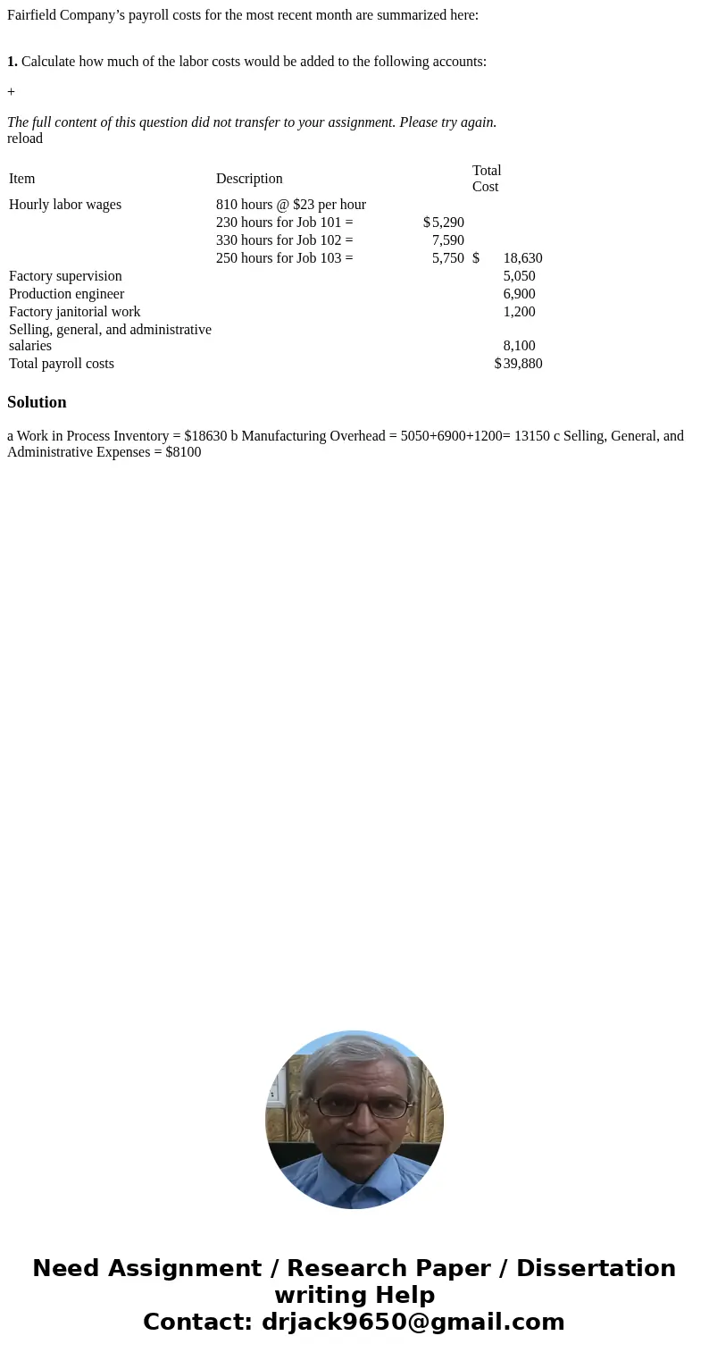 Fairfield Company’s payroll costs for the most recent month are summarized here: 1. Calculate how much of the labor costs would be added to the following accoun