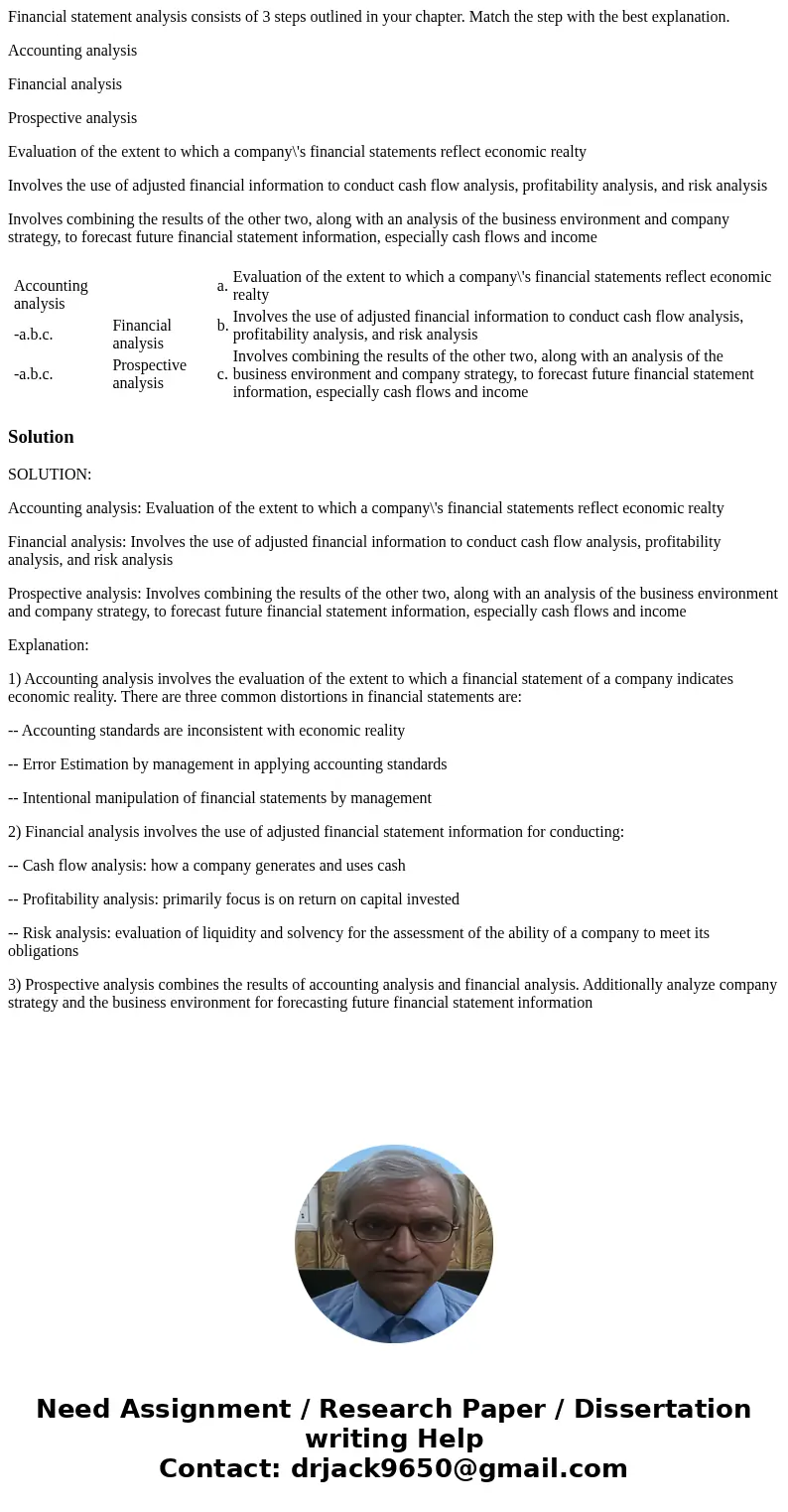 Financial statement analysis consists of 3 steps outlined in your chapter. Match the step with the best explanation. Accounting analysis Financial analysis Pros Financial statement analysis consists of 3 steps outlined in your chapter. Match the step with the best explanation. Accounting analysis Financial analysis Pros