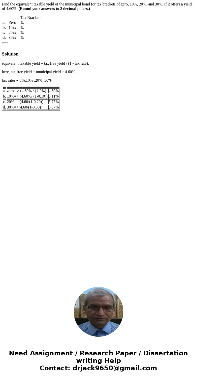  Find the equivalent taxable yield of the municipal bond for tax brackets of zero, 10%, 20%, and 30%, if it offers a yield of 4.60%. (Round your answers to 2 de