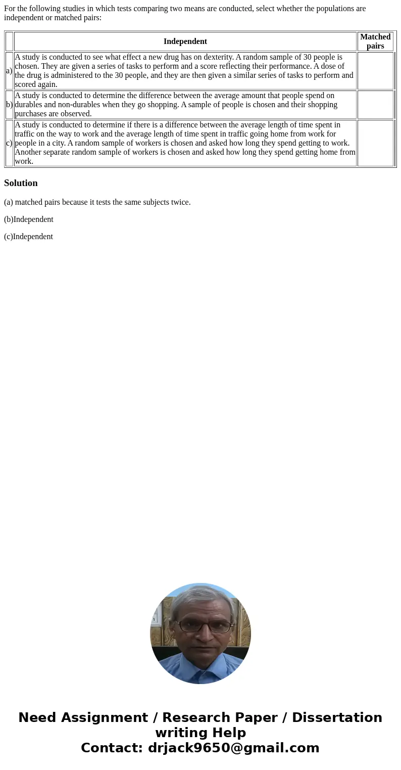 For the following studies in which tests comparing two means are conducted, select whether the populations are independent or matched pairs: Independent Matched