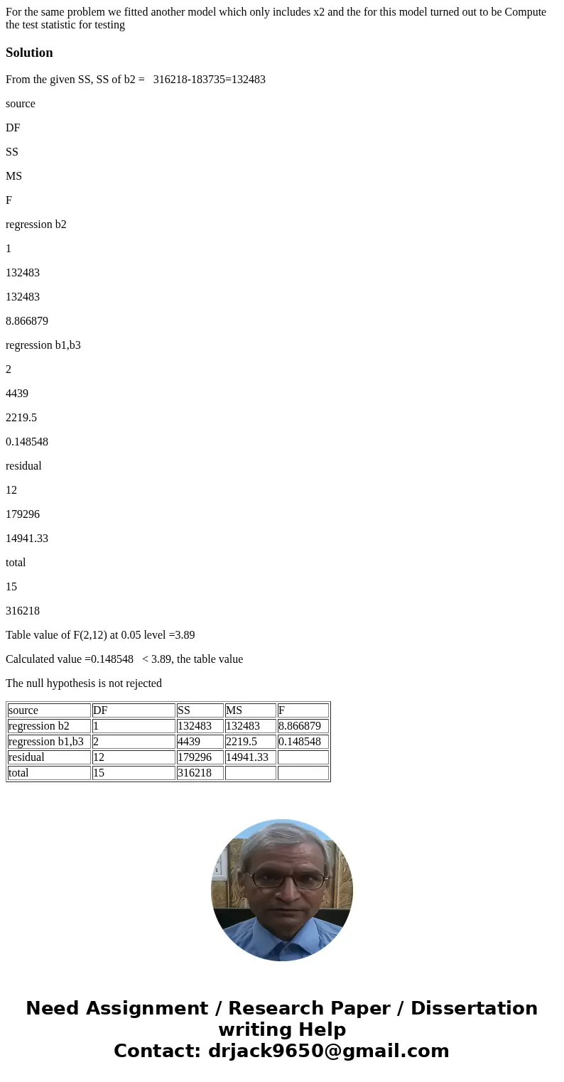 For the same problem we fitted another model which only includes x2 and the for this model turned out to be Compute the test statistic for testing SolutionFrom  For the same problem we fitted another model which only includes x2 and the for this model turned out to be Compute the test statistic for testing SolutionFrom