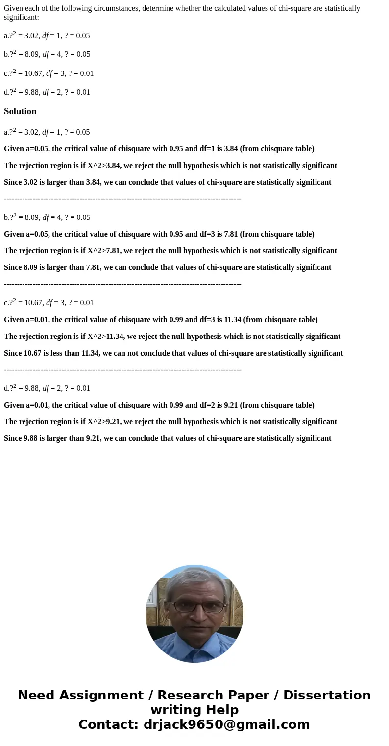 Given each of the following circumstances, determine whether the calculated values of chi-square are statistically significant: a.?2 = 3.02, df = 1, ? = 0.05 b. Given each of the following circumstances, determine whether the calculated values of chi-square are statistically significant: a.?2 = 3.02, df = 1, ? = 0.05 b.