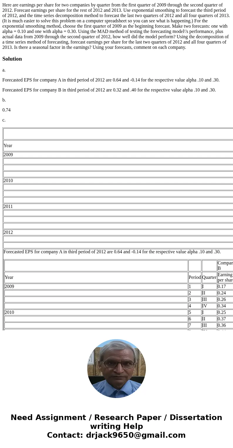  Here are earnings per share for two companies by quarter from the first quarter of 2009 through the second quarter of 2012. Forecast earnings per share for the