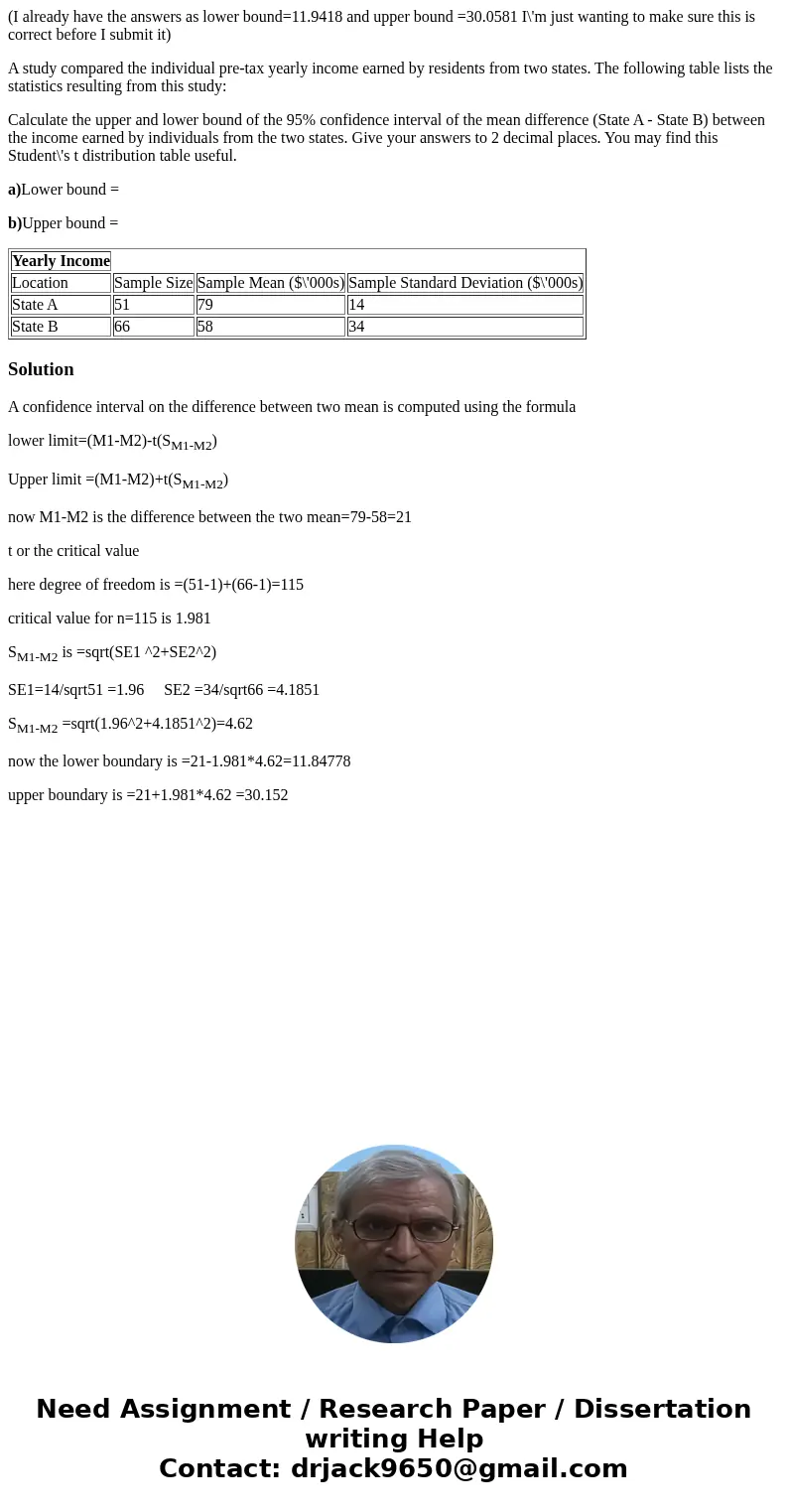 (I already have the answers as lower bound=11.9418 and upper bound =30.0581 I\'m just wanting to make sure this is correct before I submit it) A study compared 