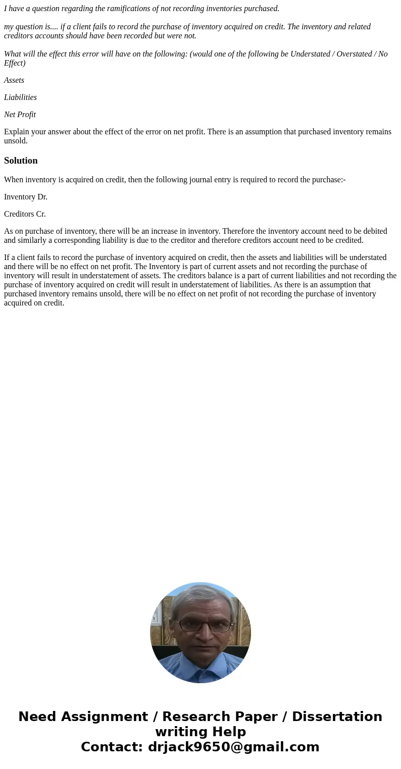 I have a question regarding the ramifications of not recording inventories purchased. my question is.... if a client fails to record the purchase of inventory a I have a question regarding the ramifications of not recording inventories purchased. my question is.... if a client fails to record the purchase of inventory a