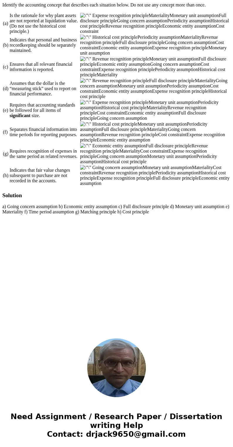 Identify the accounting concept that describes each situation below. Do not use any concept more than once. (a) Is the rationale for why plant assets are not re
