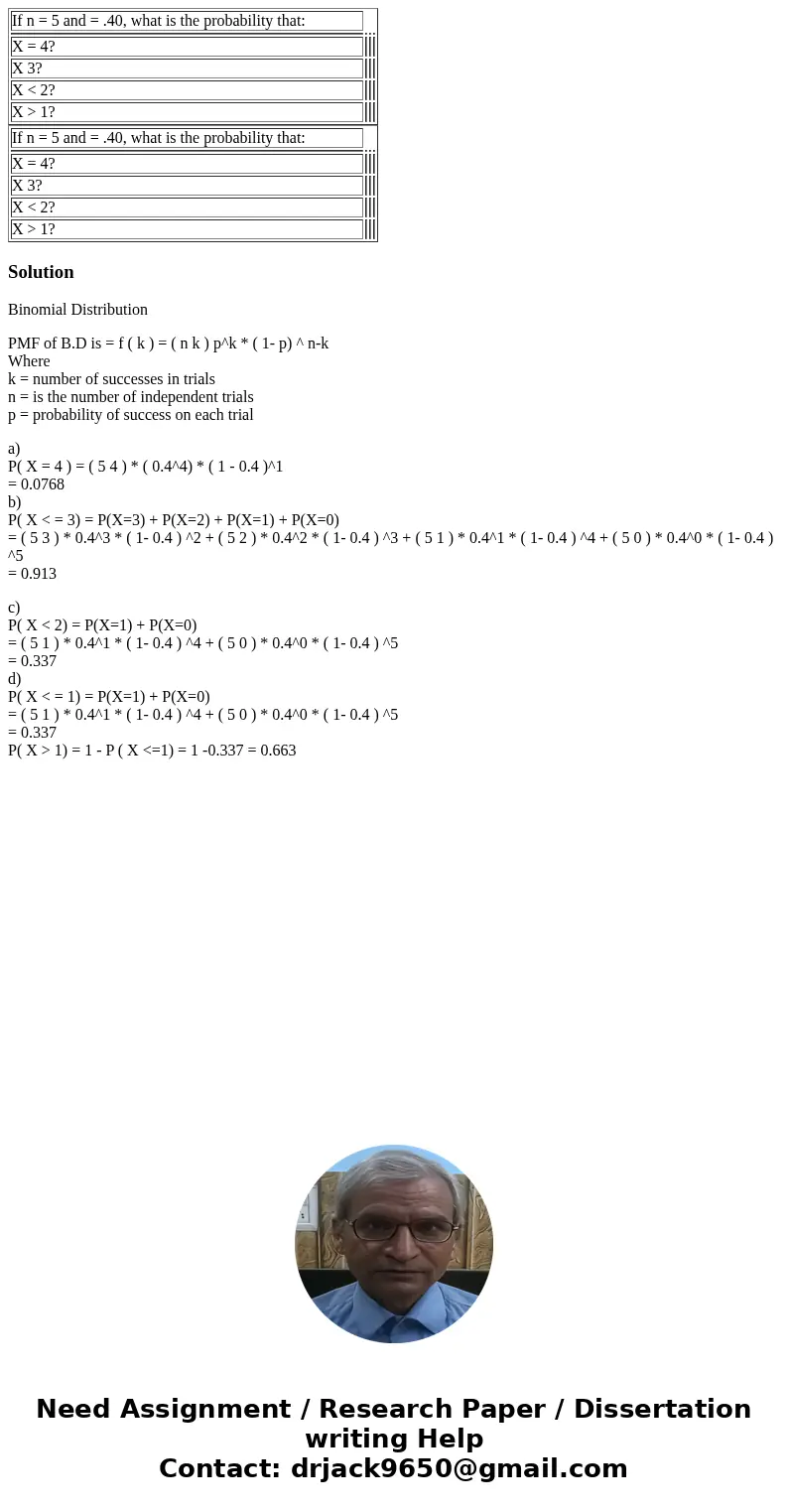  If n = 5 and = .40, what is the probability that: X = 4? X 3? X < 2? X > 1? If n = 5 and = .40, what is the probability that: X = 4? X 3? X < 2? X >