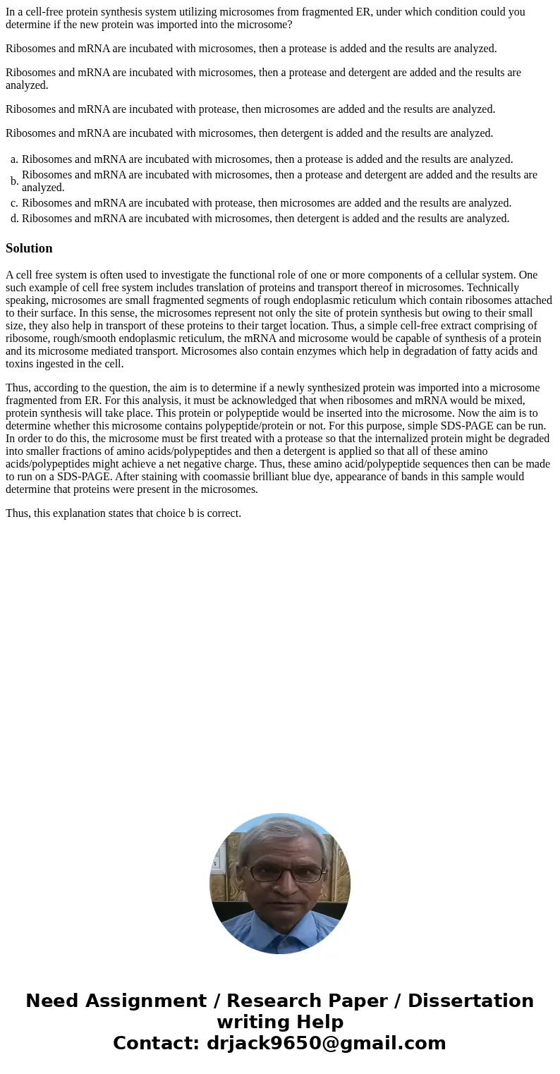 In a cell-free protein synthesis system utilizing microsomes from fragmented ER, under which condition could you determine if the new protein was imported into  In a cell-free protein synthesis system utilizing microsomes from fragmented ER, under which condition could you determine if the new protein was imported into