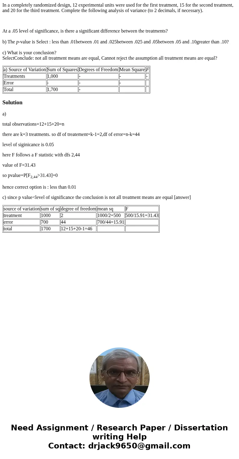 In a completely randomized design, 12 experimental units were used for the first treatment, 15 for the second treatment, and 20 for the third treatment. Complet In a completely randomized design, 12 experimental units were used for the first treatment, 15 for the second treatment, and 20 for the third treatment. Complet