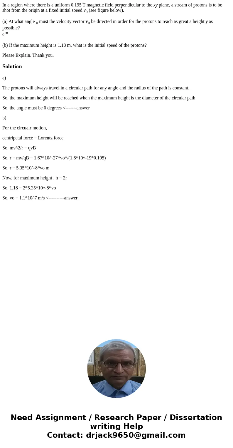 In a region where there is a uniform 0.195 T magnetic field perpendicular to the xy plane, a stream of protons is to be shot from the origin at a fixed initial  In a region where there is a uniform 0.195 T magnetic field perpendicular to the xy plane, a stream of protons is to be shot from the origin at a fixed initial