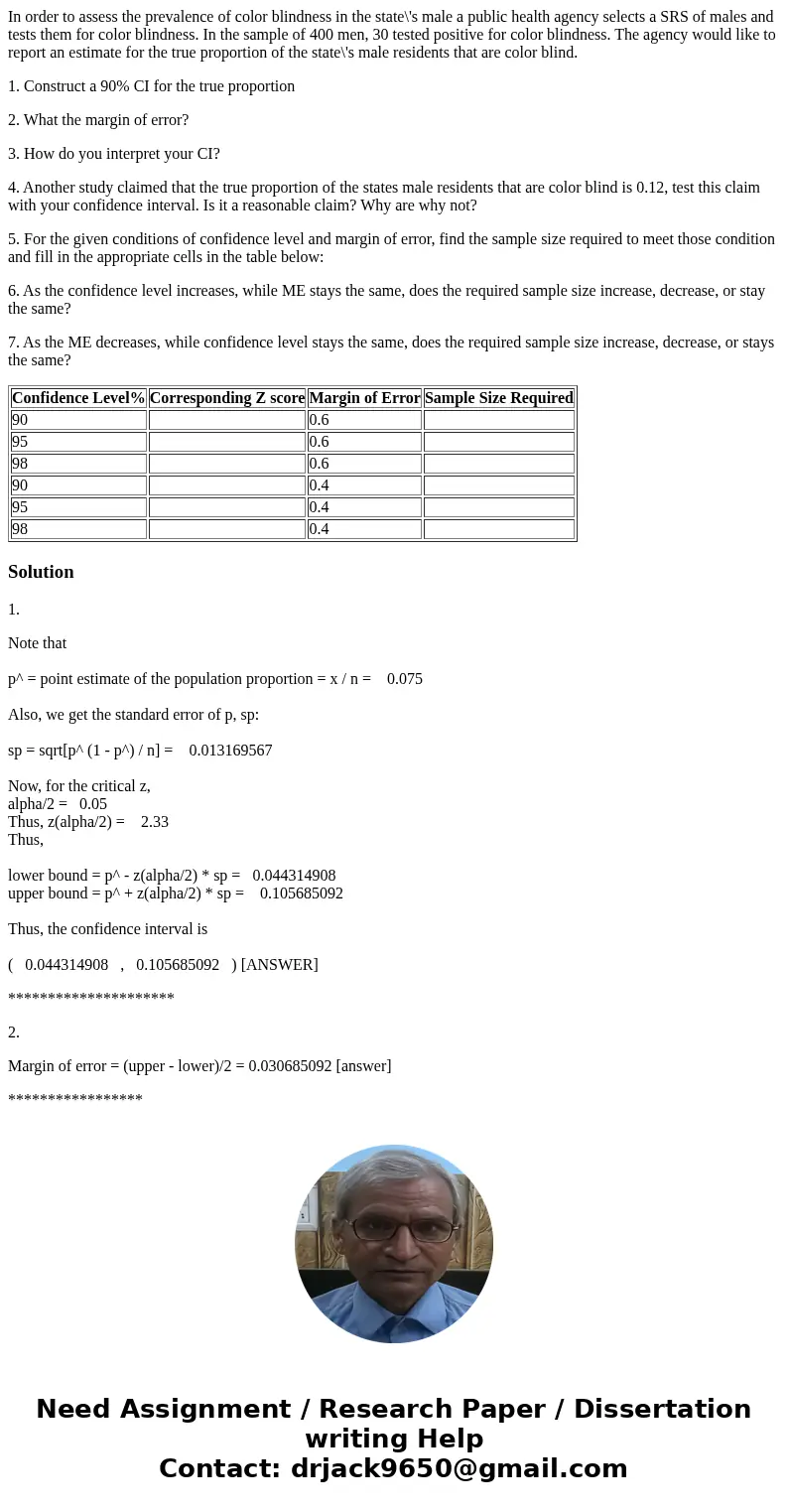In order to assess the prevalence of color blindness in the state\'s male a public health agency selects a SRS of males and tests them for color blindness. In t In order to assess the prevalence of color blindness in the state\'s male a public health agency selects a SRS of males and tests them for color blindness. In t