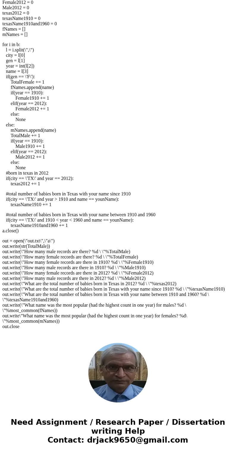 In python: Using the TXBabyNames.txt file. Write code to read it into a list. How many female records are there? How many male records are there? How many femal