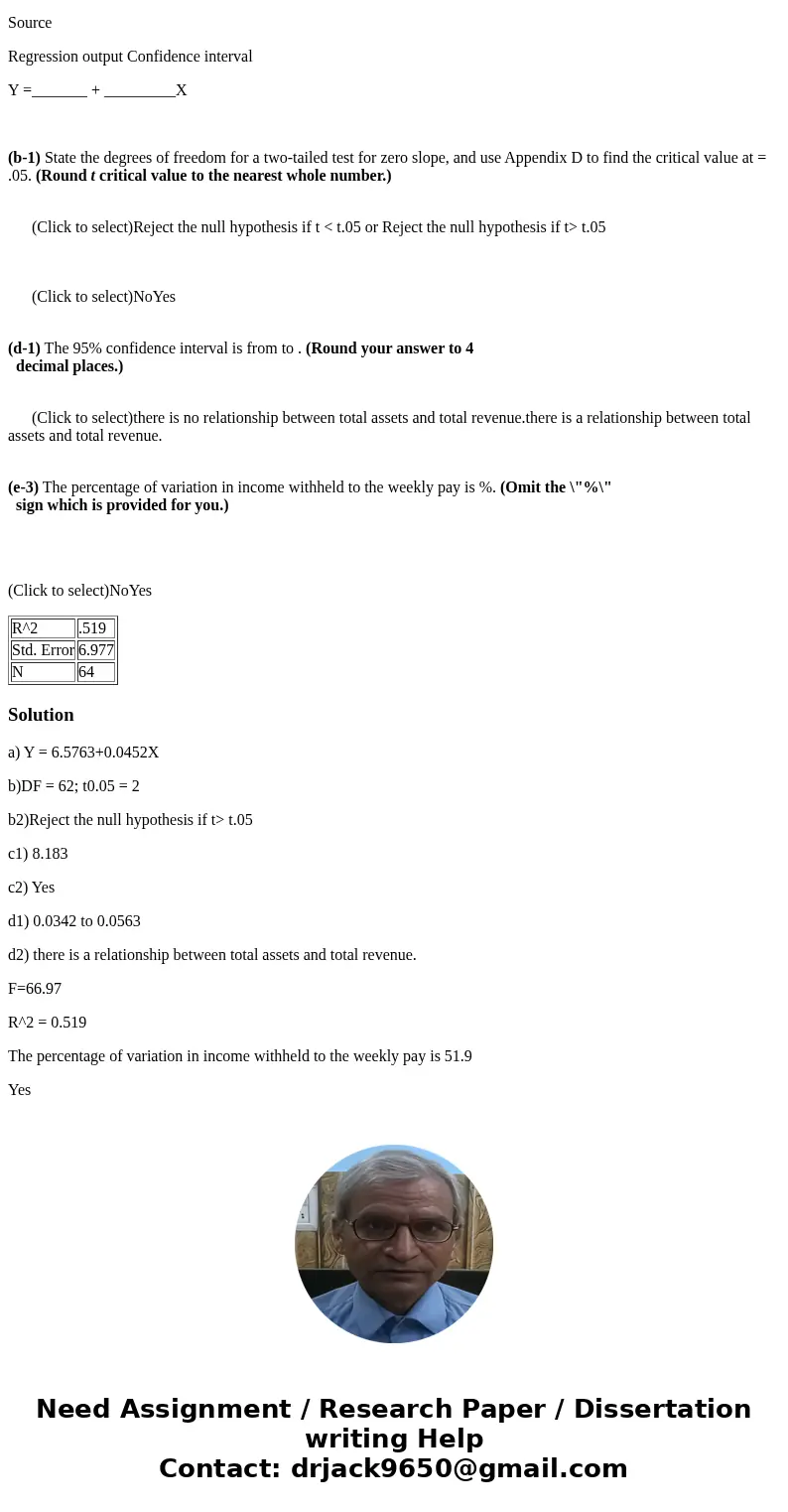 In the following regression, X = total assets($ billions), Y = total revenue ($ billions), and n = 64 large banks. ANOVA Table Source Regression output Confiden In the following regression, X = total assets($ billions), Y = total revenue ($ billions), and n = 64 large banks. ANOVA Table Source Regression output Confiden