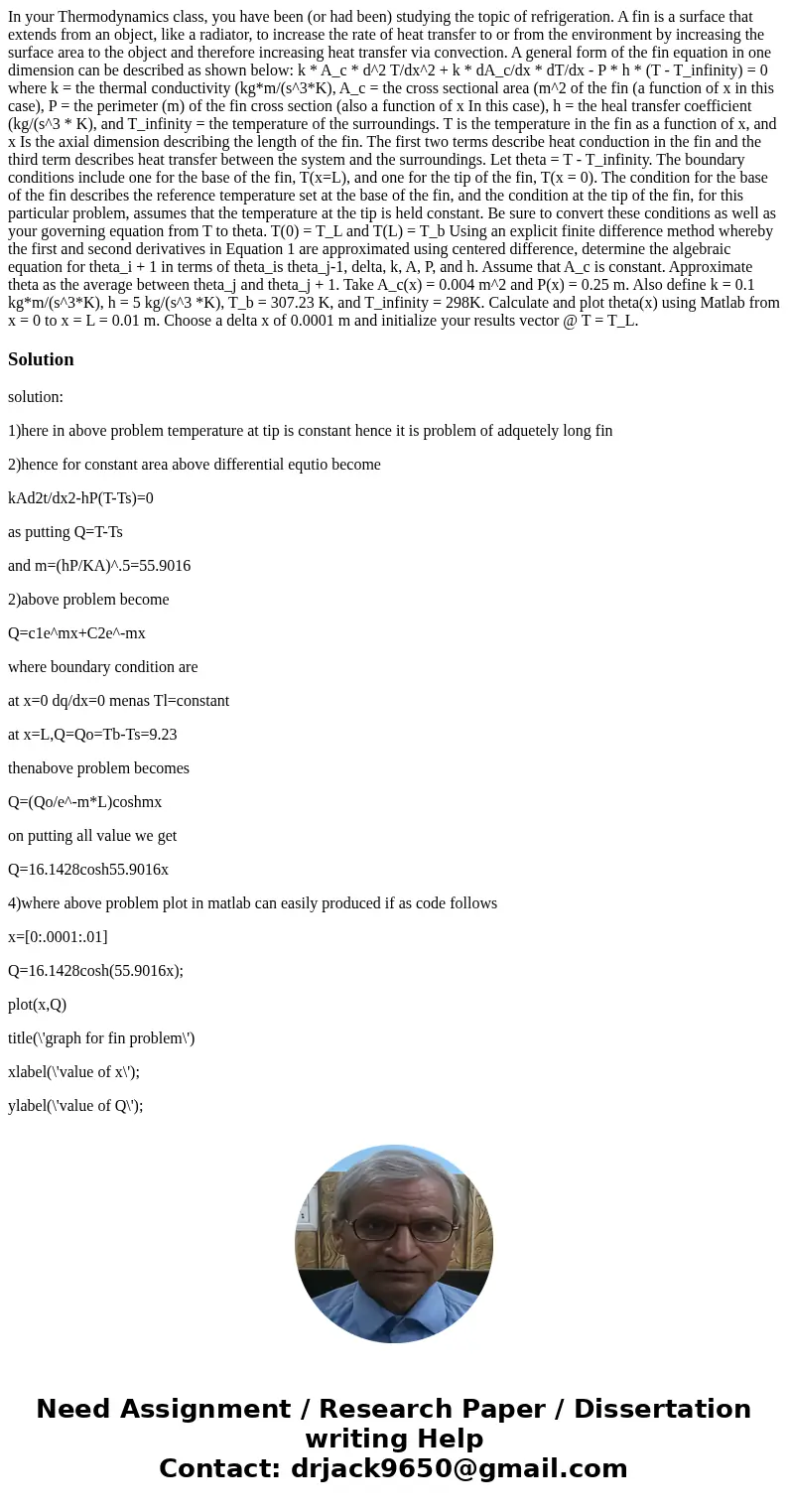 In your Thermodynamics class, you have been (or had been) studying the topic of refrigeration. A fin is a surface that extends from an object, like a radiator,  In your Thermodynamics class, you have been (or had been) studying the topic of refrigeration. A fin is a surface that extends from an object, like a radiator,