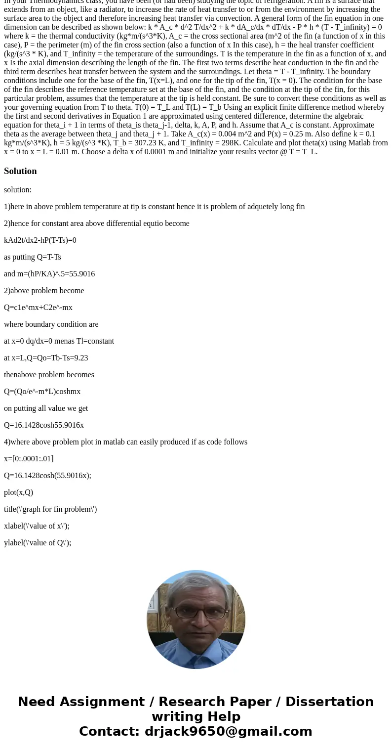 In your Thermodynamics class, you have been (or had been) studying the topic of refrigeration. A fin is a surface that extends from an object, like a radiator,  In your Thermodynamics class, you have been (or had been) studying the topic of refrigeration. A fin is a surface that extends from an object, like a radiator,
