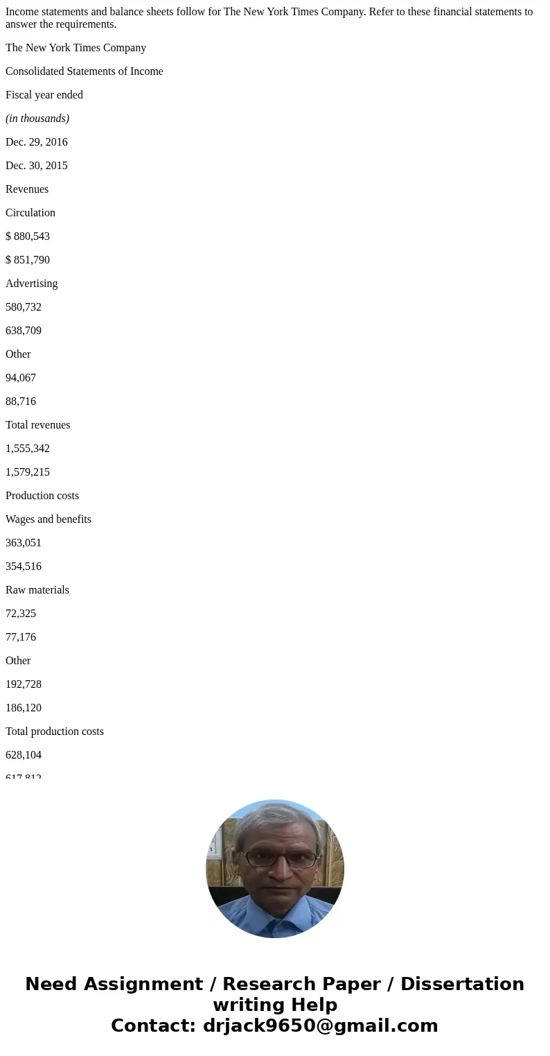 Income statements and balance sheets follow for The New York Times Company. Refer to these financial statements to answer the requirements. The New York Times C