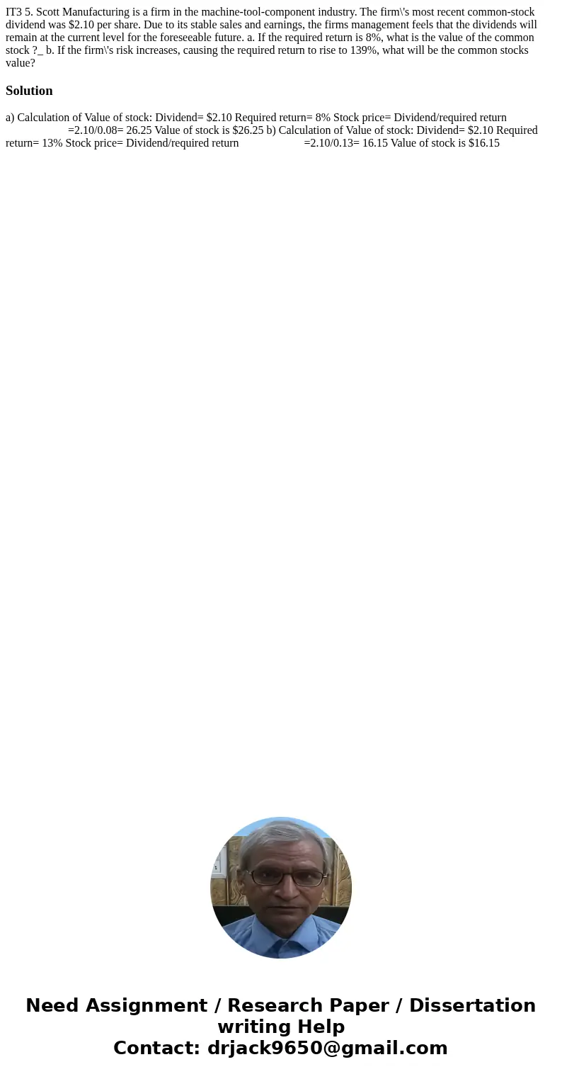 IT3 5. Scott Manufacturing is a firm in the machine-tool-component industry. The firm\'s most recent common-stock dividend was $2.10 per share. Due to its stab  IT3 5. Scott Manufacturing is a firm in the machine-tool-component industry. The firm\'s most recent common-stock dividend was $2.10 per share. Due to its stab