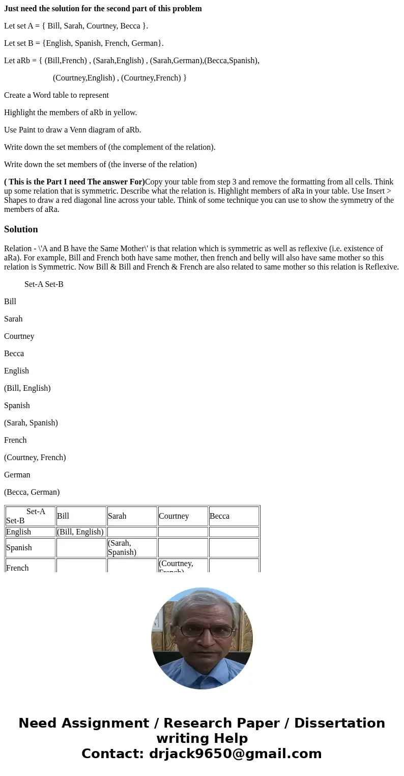 Just need the solution for the second part of this problem Let set A = { Bill, Sarah, Courtney, Becca }. Let set B = {English, Spanish, French, German}. Let aRb Just need the solution for the second part of this problem Let set A = { Bill, Sarah, Courtney, Becca }. Let set B = {English, Spanish, French, German}. Let aRb