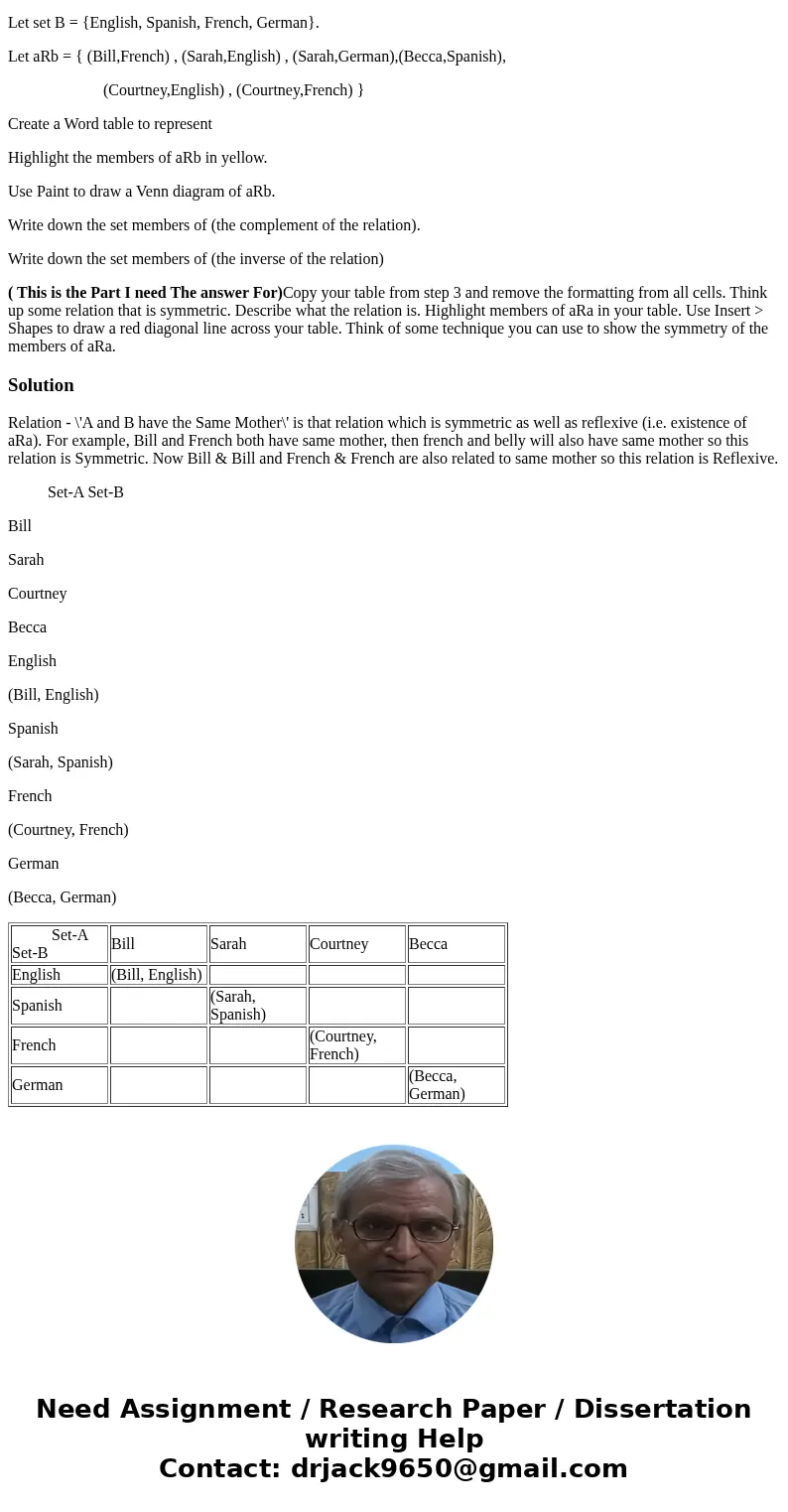 Just need the solution for the second part of this problem Let set A = { Bill, Sarah, Courtney, Becca }. Let set B = {English, Spanish, French, German}. Let aRb Just need the solution for the second part of this problem Let set A = { Bill, Sarah, Courtney, Becca }. Let set B = {English, Spanish, French, German}. Let aRb