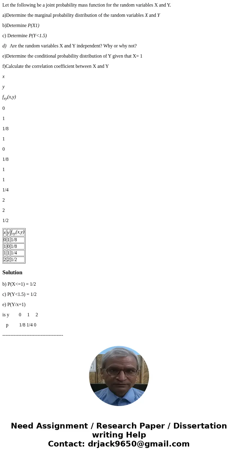 Let the following be a joint probability mass function for the random variables X and Y. a)Determine the marginal probability distribution of the random variabl