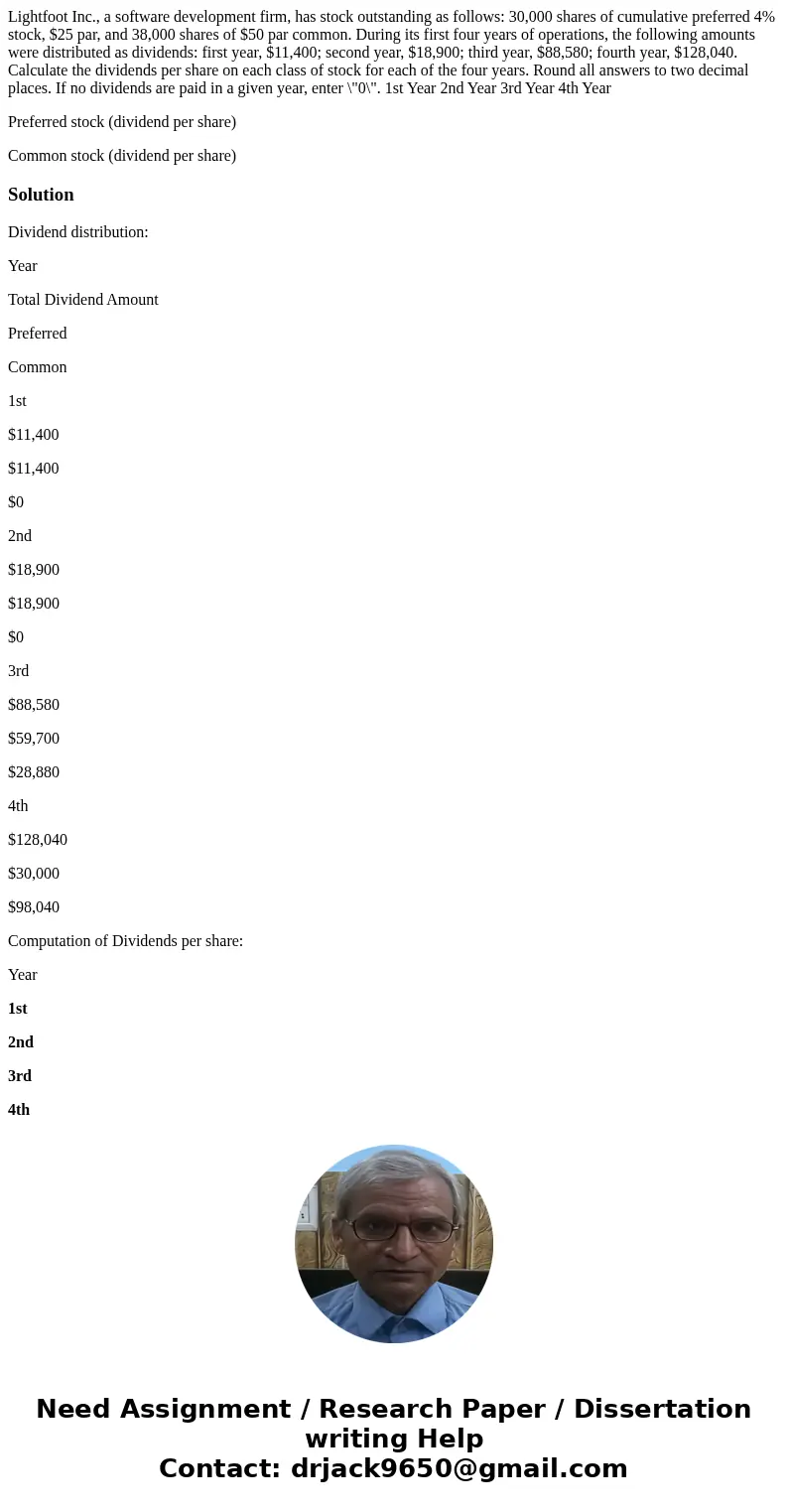 Lightfoot Inc., a software development firm, has stock outstanding as follows: 30,000 shares of cumulative preferred 4% stock, $25 par, and 38,000 shares of $50 Lightfoot Inc., a software development firm, has stock outstanding as follows: 30,000 shares of cumulative preferred 4% stock, $25 par, and 38,000 shares of $50