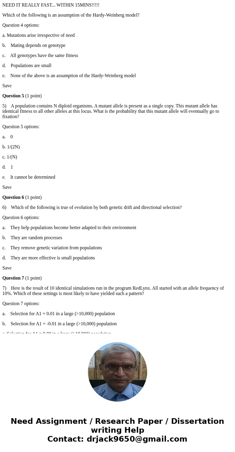 NEED IT REALLY FAST... WITHIN 15MINS!!!!! Which of the following is an assumption of the Hardy-Weinberg model? Question 4 options: a. Mutations arise irrespecti NEED IT REALLY FAST... WITHIN 15MINS!!!!! Which of the following is an assumption of the Hardy-Weinberg model? Question 4 options: a. Mutations arise irrespecti