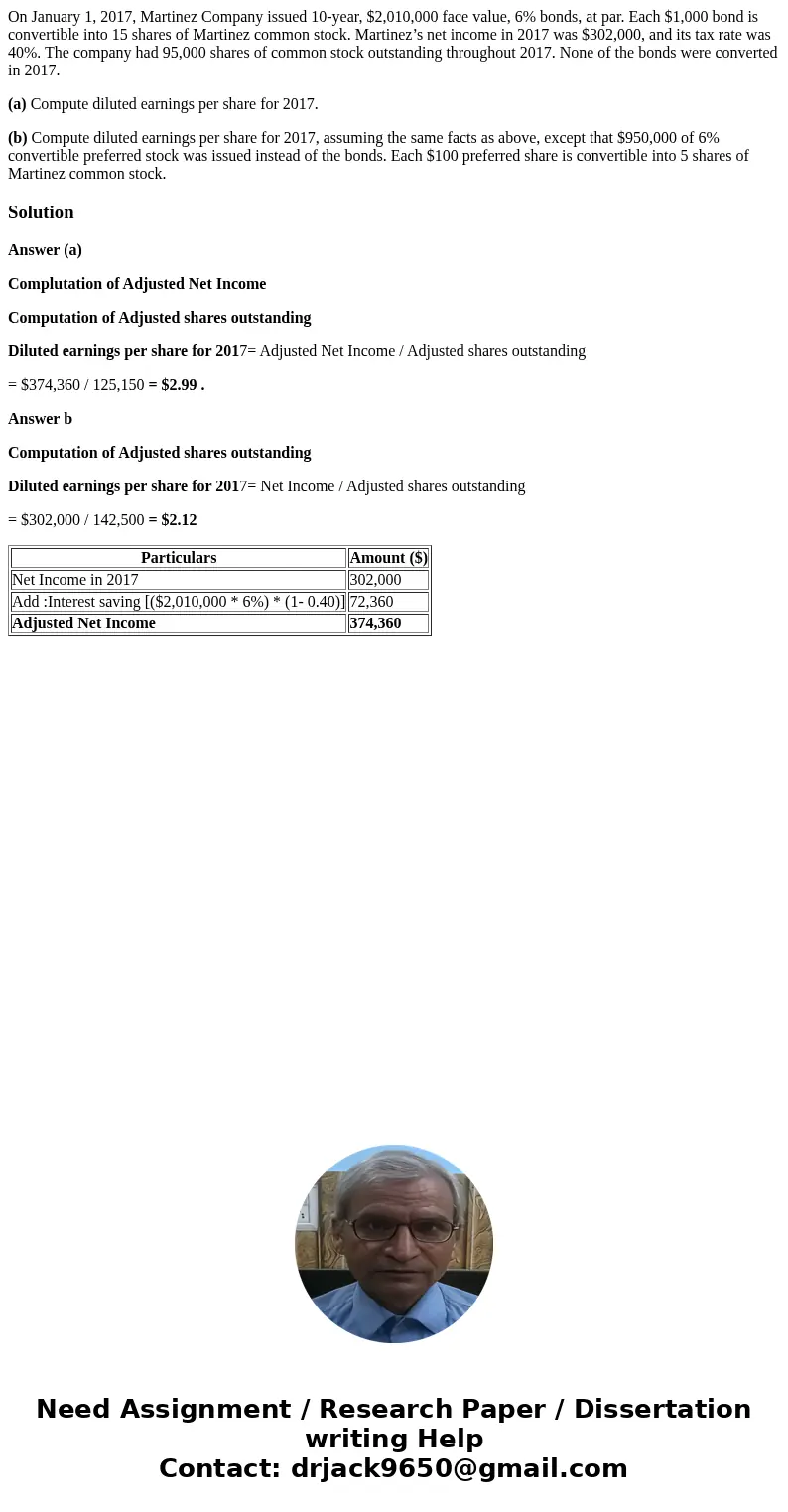 On January 1, 2017, Martinez Company issued 10-year, $2,010,000 face value, 6% bonds, at par. Each $1,000 bond is convertible into 15 shares of Martinez common  On January 1, 2017, Martinez Company issued 10-year, $2,010,000 face value, 6% bonds, at par. Each $1,000 bond is convertible into 15 shares of Martinez common