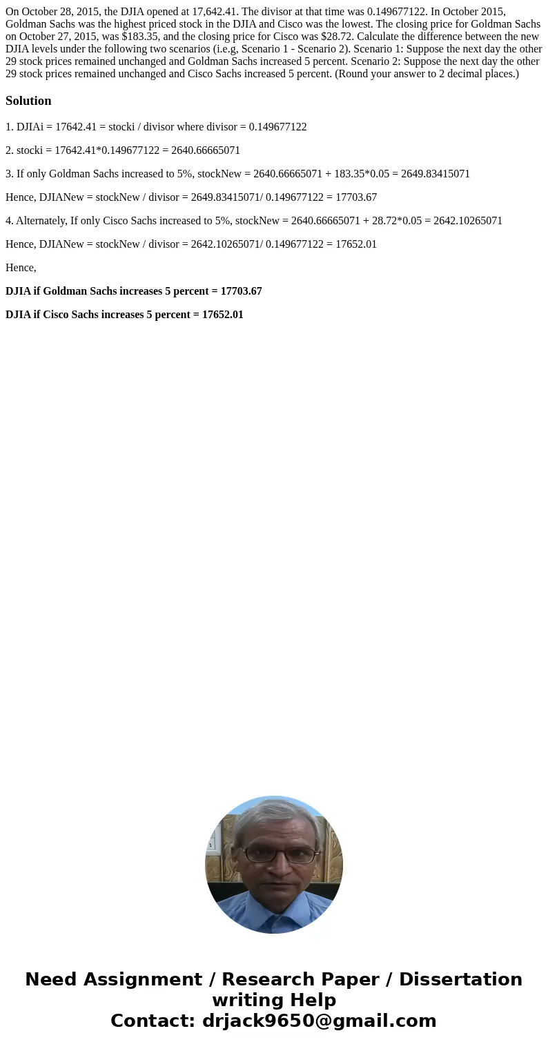On October 28, 2015, the DJIA opened at 17,642.41. The divisor at that time was 0.149677122. In October 2015, Goldman Sachs was the highest priced stock in the 
