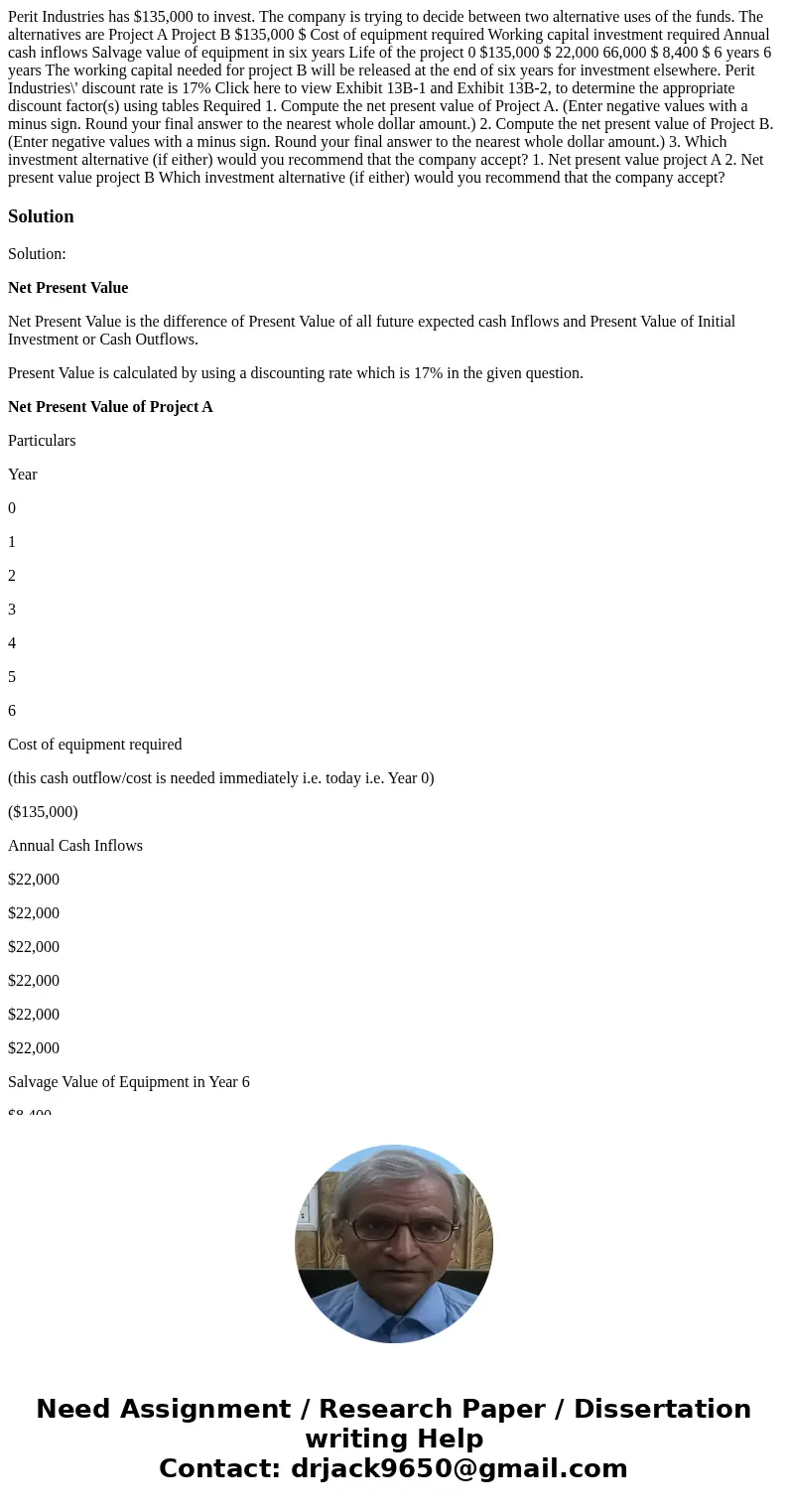  Perit Industries has $135,000 to invest. The company is trying to decide between two alternative uses of the funds. The alternatives are Project A Project B $1