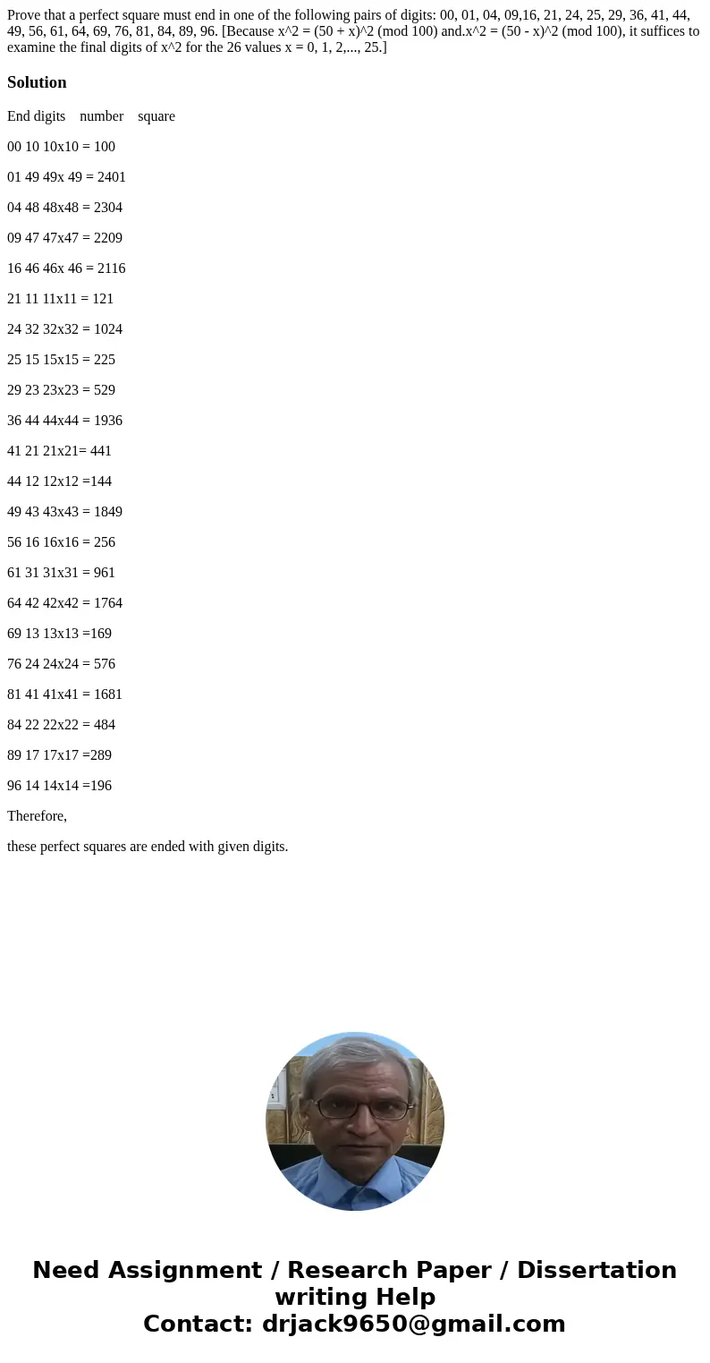 Prove that a perfect square must end in one of the following pairs of digits: 00, 01, 04, 09,16, 21, 24, 25, 29, 36, 41, 44, 49, 56, 61, 64, 69, 76, 81, 84, 89  Prove that a perfect square must end in one of the following pairs of digits: 00, 01, 04, 09,16, 21, 24, 25, 29, 36, 41, 44, 49, 56, 61, 64, 69, 76, 81, 84, 89