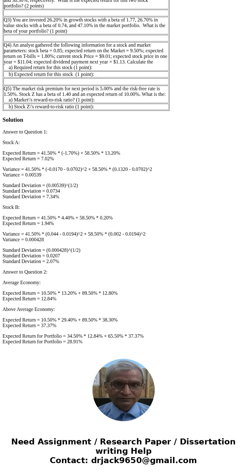 Q1) There is a 41.50% probability of a below average economy and a 58.50% probability of an average economy. If there is a below average economy stocks A and B  Q1) There is a 41.50% probability of a below average economy and a 58.50% probability of an average economy. If there is a below average economy stocks A and B