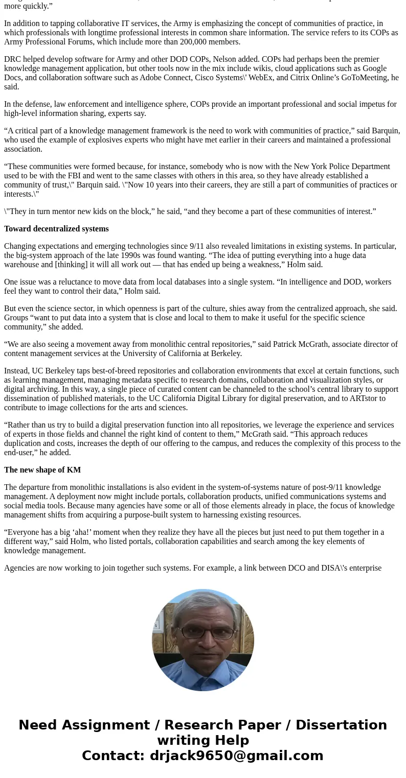 Read the following article and use the three questions at the end for your discussion How knowledge management helps keep the US attack free By John Moore The a Read the following article and use the three questions at the end for your discussion How knowledge management helps keep the US attack free By John Moore The a